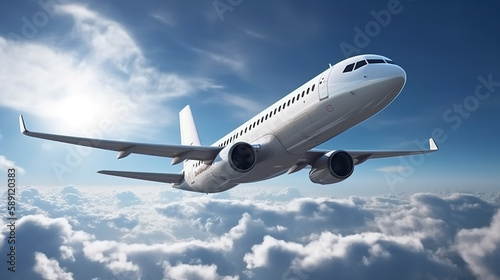 Flying, white plane against a blue sky with white clouds. Side view. The concept of tourism, flights, vacations
