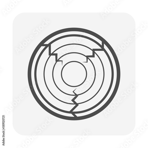 Log wood or timber vector icon in cross section view. Tree after cut, crosscut by saw, lumberjack. Material from nature. Stock for sawn to lumber, woodworking, sawmill industry, construction.
