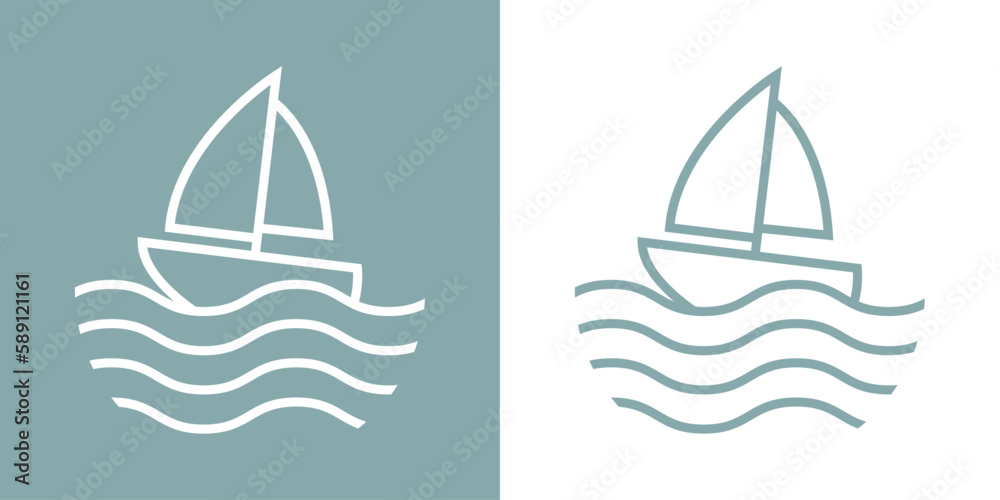 Fototapeta premium Logo Nautical. Barco de vela lineal con olas de mar