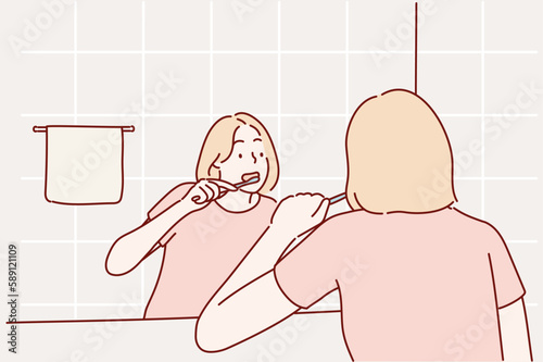 Happy Lady Brushing Teeth With Toothbrush Standing In Bathroom Indoor. Hand drawn style vector design illustrations.