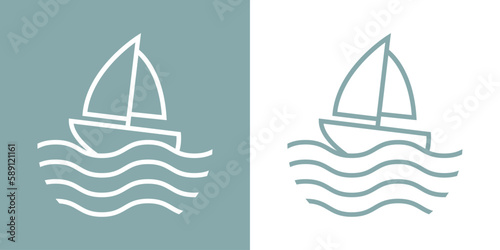 Logo Nautical. Barco de vela lineal con olas de mar