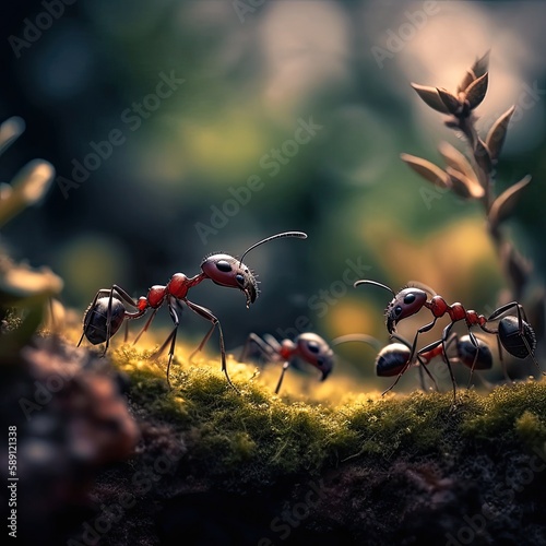 Macro shot, ants in water drops, biodiversity, ecology, formica, ants, colorful natural blurred bokeh background