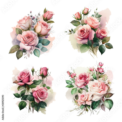 Dusty pink blush, white and creamy rose flowers vector design wedding bouquets. Eucalyptus, greenery. Floral pastel watercolor style. Blooming spring floral card. Elements are isolated and editable