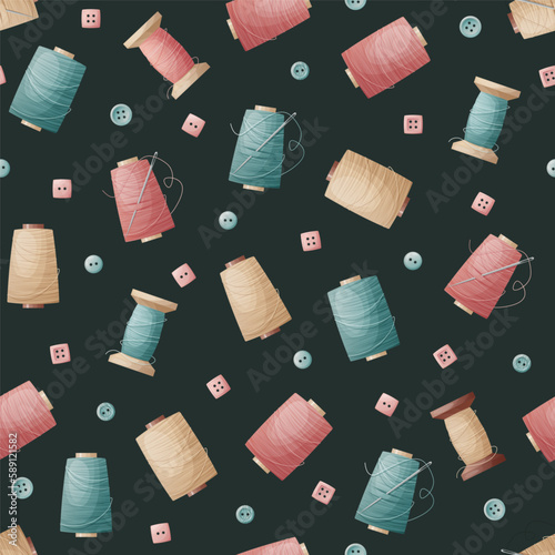 Seamless pattern with sewing threads and buttons on a blue background. Sewing atelier, needlework, hobby. Suitable for fabric, wallpaper, decor, clothes, wallpaper.