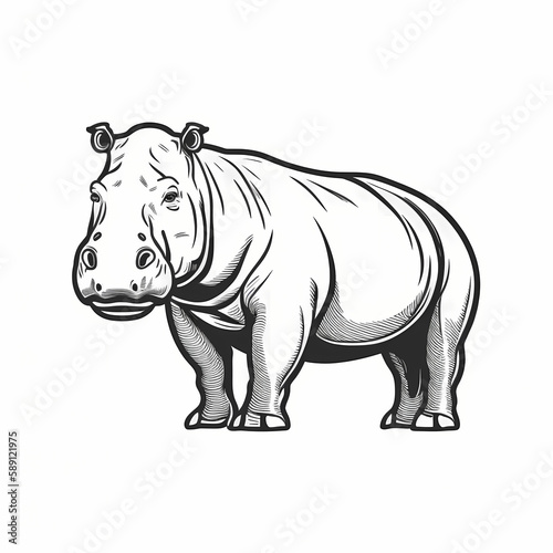 Hippopotamus Black And White Isolated White. Generative AI