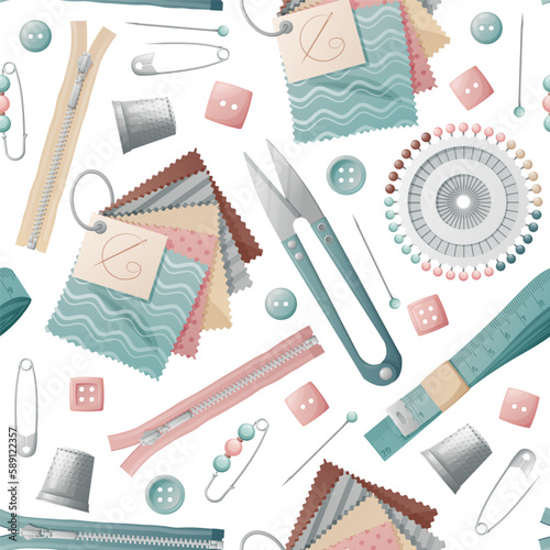Seamless background with seamstress tools. Texture with scissors, pins, threads. Hobie, needlework, sewing workshop.Great for textiles, wallpaper, paper, prints