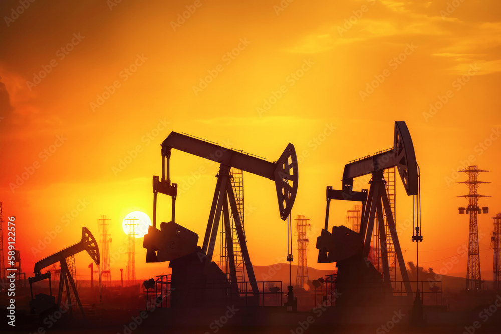Oil rigs in the desert against the background of the sunset. Oil production background. Created with Generative AI technology.