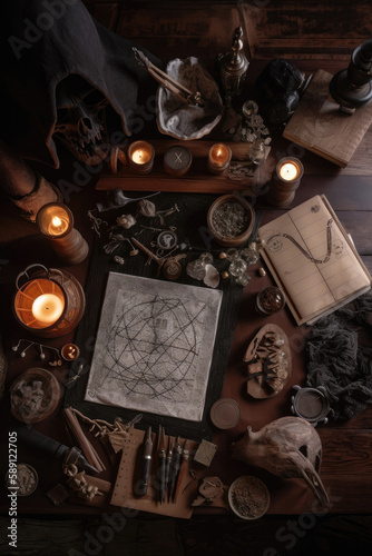 Wizard table with witchcraft accessories. Vertical format. Created with Generative AI technology.