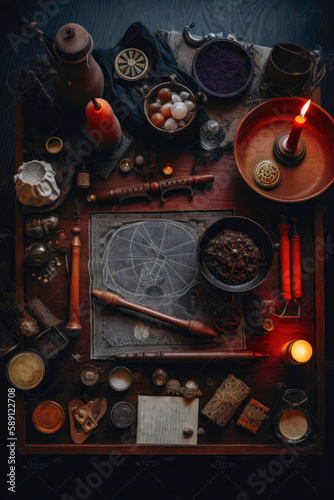Wizard table with witchcraft accessories. Vertical format. Created with Generative AI technology.