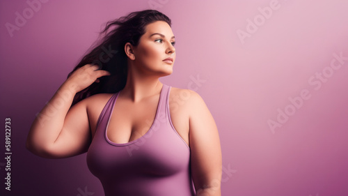 A fictional person.  Confident Plus-Size Fitness Model Posed Against Soft Pastel Background