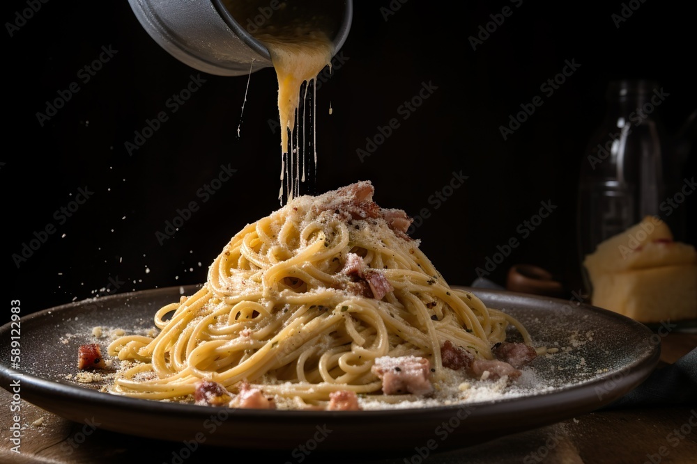 Spaghetti carbonara, coated in a creamy sauce, Pecorino Romano cheese