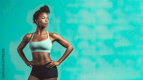 A fictional person. Confident fitness model posing against a one-color background