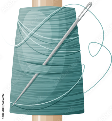 Skein of blue thread with a needle on an isolated background. Sewing tool.