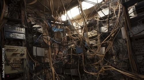 Many tangled wires in the old room. AI generative.