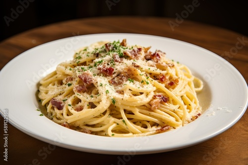 Spaghetti carbonara, coated in a creamy sauce, Pecorino Romano cheese, guanciale and black pepper - food products created with generative AI technology