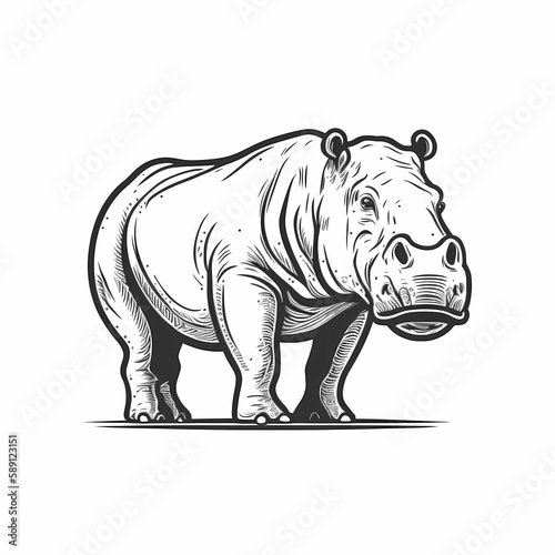 Hippopotamus Black And White Isolated White. Generative AI