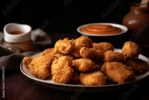 A plate of golden brown chicken nuggets - food products created with generative AI technology