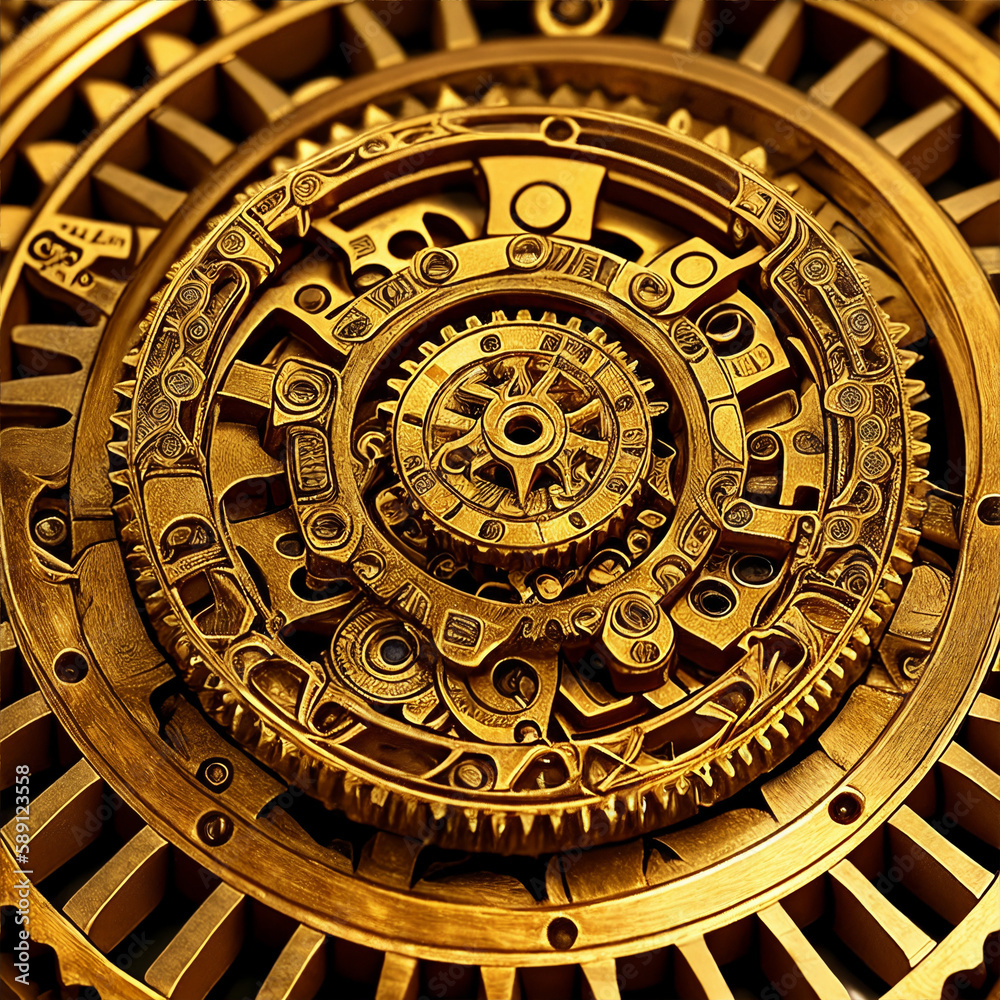 golden gears mechanism  with intricate detailed closeup with generative AI technology