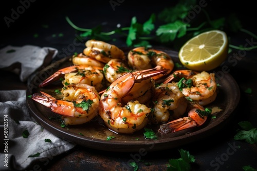 Juicy, grilled, succulent prawns coated in a garlic butter marinade - shrimp food products created with generative AI technology