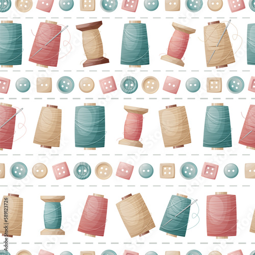 Seamless pattern with sewing threads and buttons. Sewing atelier, needlework, hobby. Suitable for fabric, wallpaper, decor, clothes, wallpaper.