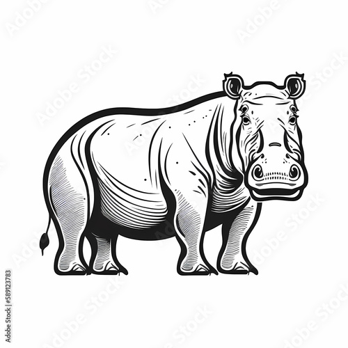 Hippopotamus Black And White Isolated White. Generative AI