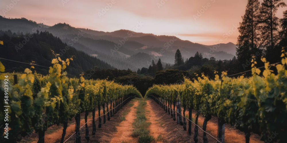 Vineyard with rows of grapevines - Generative AI