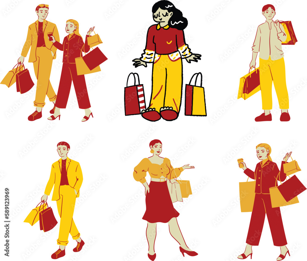 Set of young people with shopping bags. Vector illustration in cartoon style.