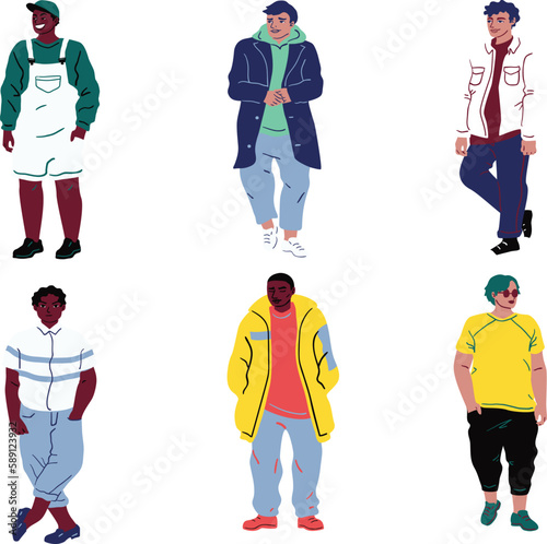 Set of trendy men in trendy clothes. Vector illustration in flat style