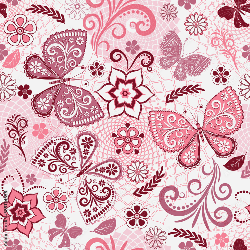 Vector seamless spring delicate pink pattern with openwork butterflies and flowers on white