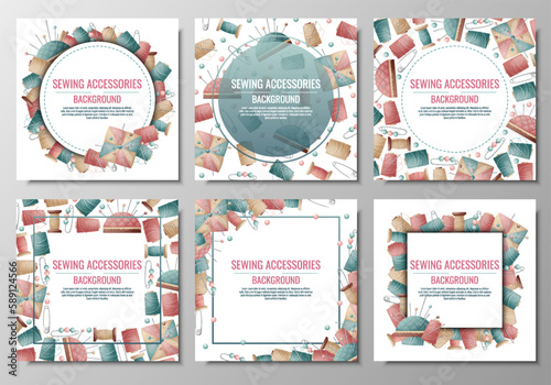 Set of sewing cards. Background with spools of thread and pincushion. Banner, poster for a sewing workshop, atelier