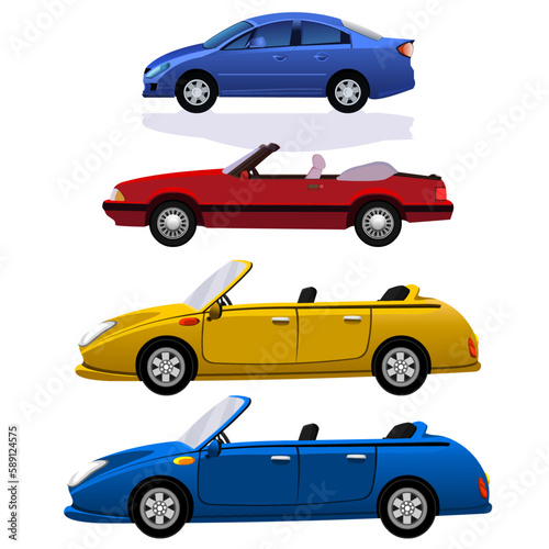 Set of different colored cars in cartoon style. Vector illustration of beautiful and stylish old retro cars isolated on white background.