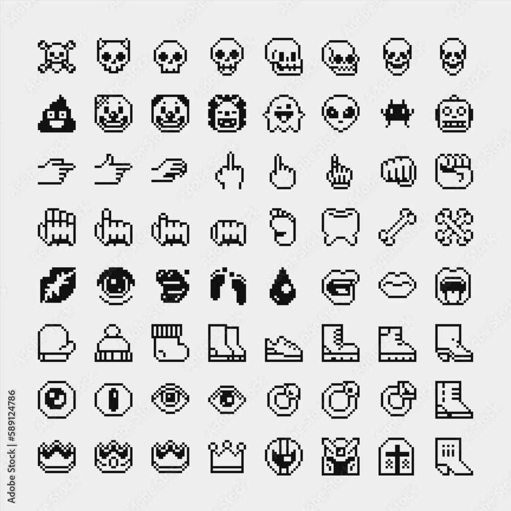 1-bit smileys pixel art big set, characters emoji, various emotions. Vector graphic illustrations isolated on black background. Design for logo, sticker and mobile app.