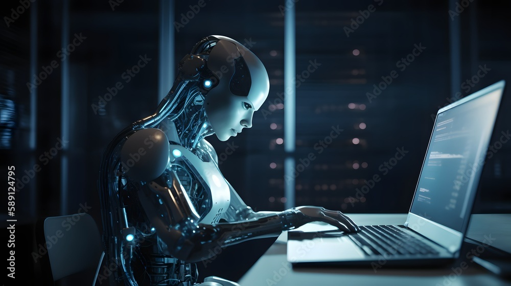 AI working on lap top, stealing our jobs, artificial intelligence robot on a computer, high tech, technology - obrazy, fototapety, plakaty 