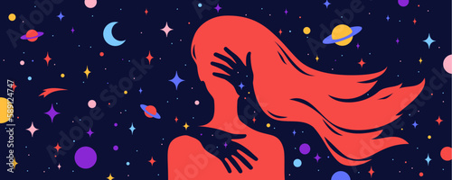 Modern flat character. Hands hug silhouette of woman with dream universe, cosmos, stars background. Simple character of young girl, energy spirit connection universe starry night. Vector illustration