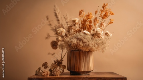 Wooden podium for product presentation with autumn leaves in sunlight. generative ai