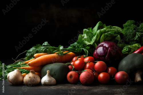 Vegetables On a Dark Background, Wallpaper, Food Photography, Composition, Vegan, Eco, Generative AI