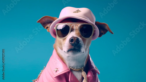 Anthropomorphic dog in 80s clothes on blue background, created with Generative AI Technology © Masson