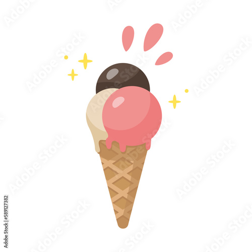Ice cream in a waffle cone vector illustration. Strawberry, chocolate, vanilla Ice cream isolated on white background. Cartoon illustration.