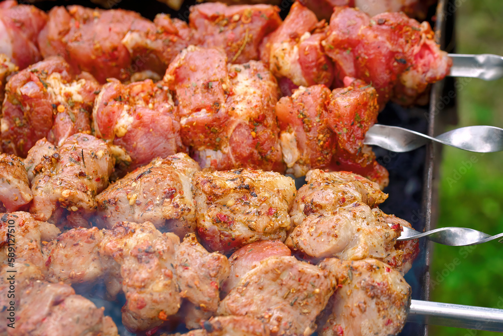 Meat cooked at barbecue and raw sticks on skewer, close up. Shish kebab cooking outdoors. Raw spicy marinated meat cook on bbq grill. Pork meat, shashlik, prepared on grill wood coal, outdoor