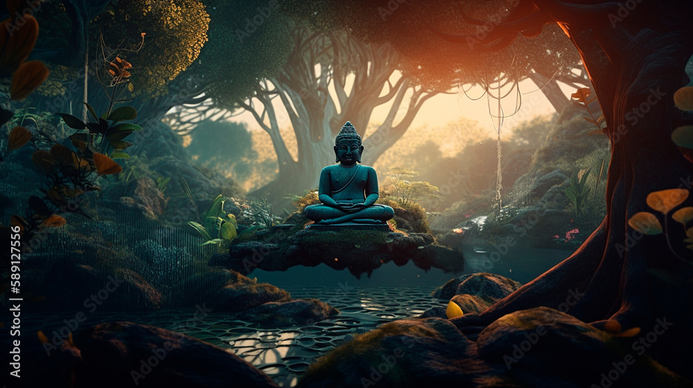 Illustration of budda in forest, created with Generative AI Technology - obrazy, fototapety, plakaty 