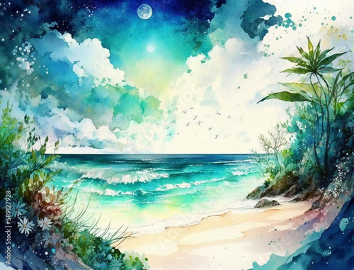 Summer tropical beach watercolor background  Beautiful landscape with beach  Landscape painting  Watercolor landscape  Ocean watercolor hand painting illustration.