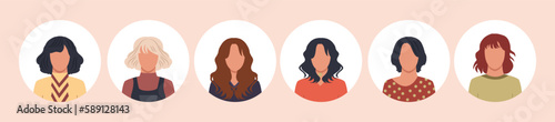 Collection of people portraits in different round frames of various big business team vector flat illustrations. Collection of avatars of people, men and women. Group of happy smiling coworkers.