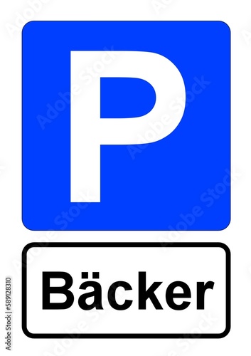 Illustration eines blauen Parkplatzschildes mit der Aufschrift "Bäcker" 