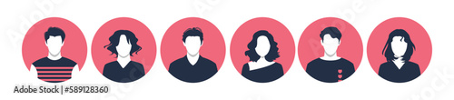 Collection of people portraits in different round frames of various big business team vector flat illustrations. Collection of avatars of people, men and women. Group of happy smiling coworkers.