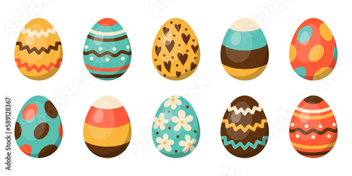 Vector set of easter eggs. 3D easter collection in red, yellow, green and brown. Egg hunt.