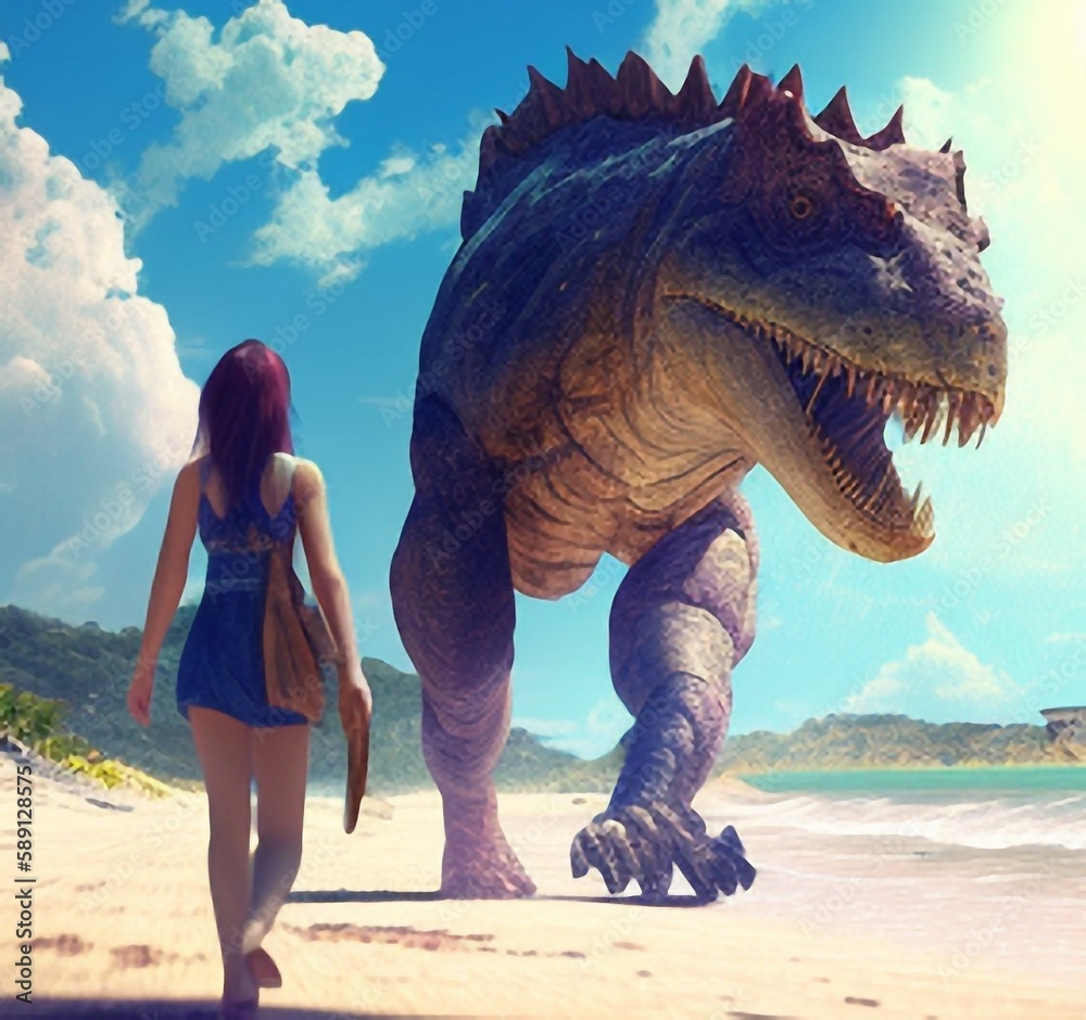 Fototapeta premium dinosaurs and woman on the beach.