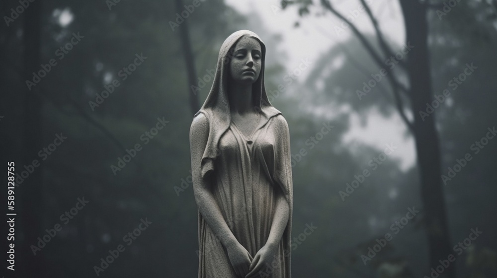 statue of a woman in the forest.