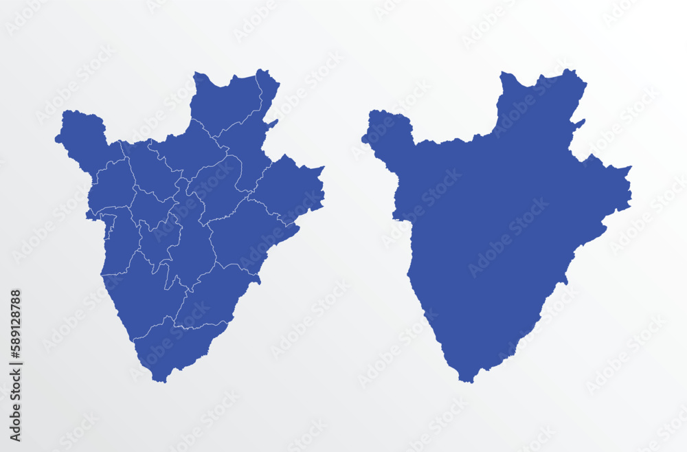blue map of Burundi with regions