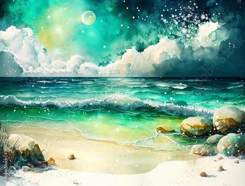 Summer tropical beach watercolor background, Beautiful landscape with beach, Landscape painting, Watercolor landscape, Ocean watercolor hand painting illustration. © AR Design