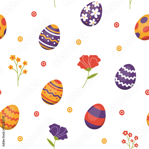 Fototapeta Naklejka Na Ścianę i Meble -  Vector easter seamless pattern with eggs and flowers. Easter eggs on white background. Floral pattern.